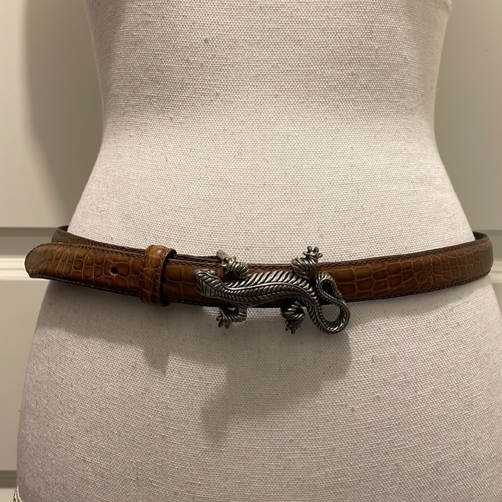 Vicenza Embossed Leather Belt in Brown with Silver Reptile Buckle